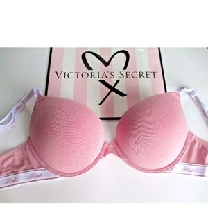 VICTORIA'S SECRET PINK Super Push-Up Bra VS Petal Pink Sparkle Knit Shine NWT